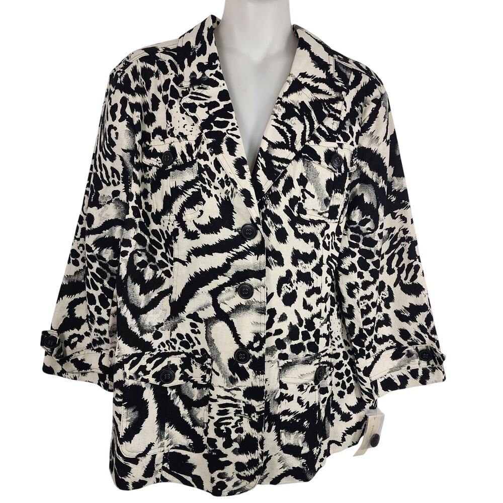 Studio Works Womens Linen Blend Animal Blazer Jacket Large Black Safari Office
